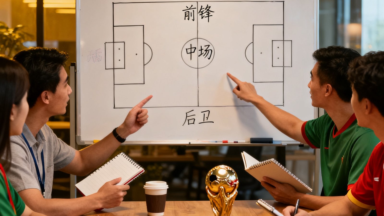 世界杯球迷论坛团队在办公室讨论世界杯战术，白板上绘制阵型图